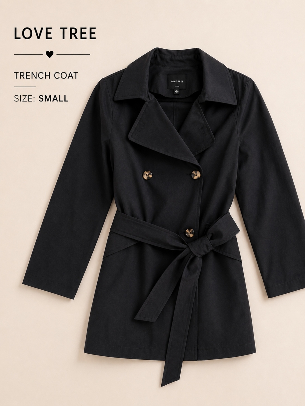 EUC Love Tree  Minimalist Black Double-Breasted Trench Coat with Tie Belt, Small